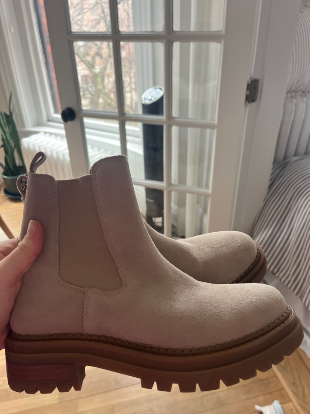 Beige Suede Chelsea Lug Sole Boots